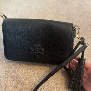 Tory Burch Black Pebbled Leather Tassel Crossbody